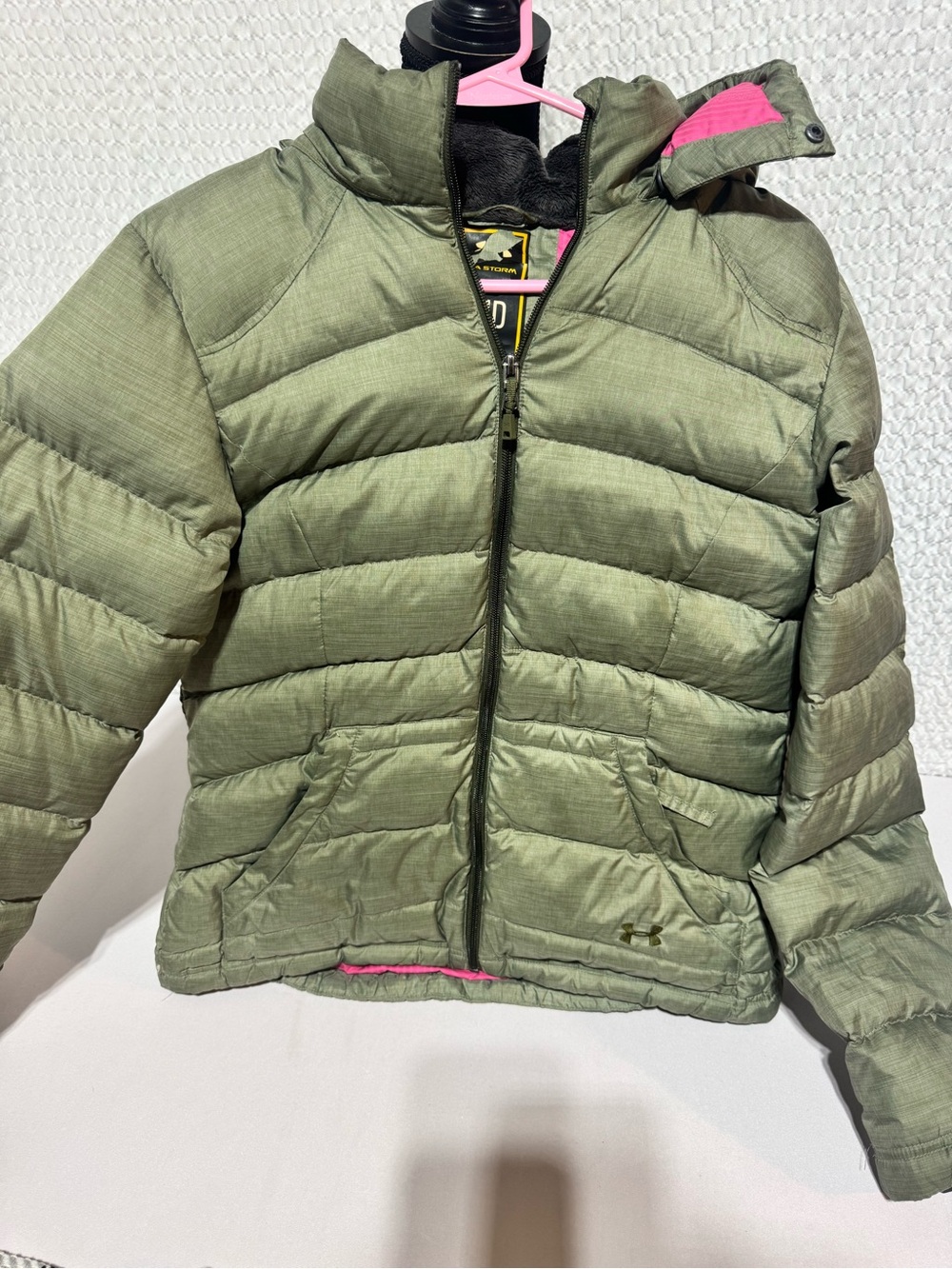 Storm Olive Green Puffer Jacket with Pink Trim